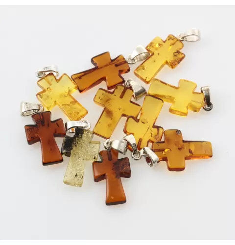 10 Baltic Amber Cross Silver Pendants