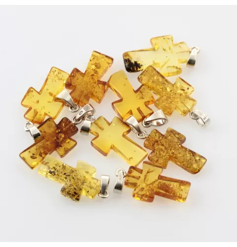 10 Baltic Amber Cross Silver Pendants