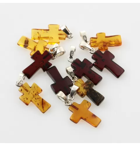 10 Small Baltic Amber Cross Silver Pendants