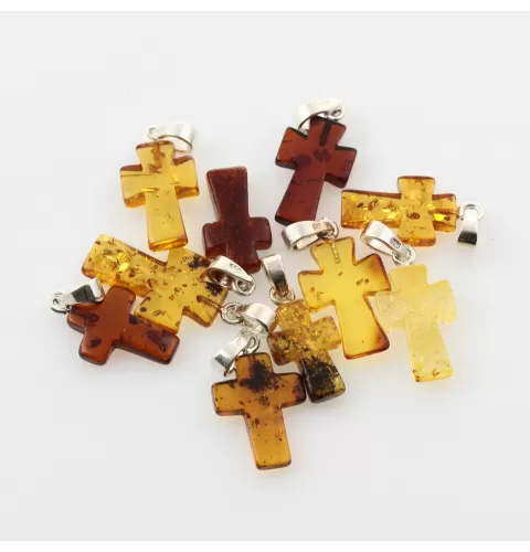 10 Small Baltic Amber Cross Silver Pendants