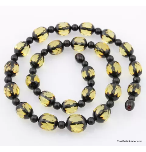Faceted Baltic amber greenish ROUND beads necklace 50cm