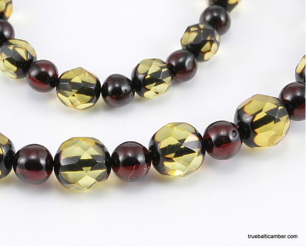 Faceted Baltic amber greenish ROUND beads necklace 20in