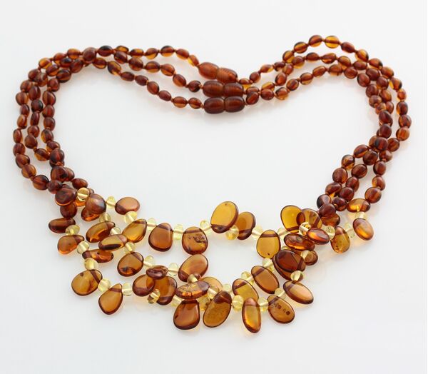3 Cognac Leaf Baltic amber Choker Leaves Necklace 46cm