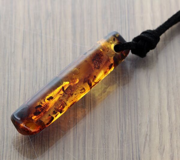 Natural Amber Hole Pendant w Leather Cord