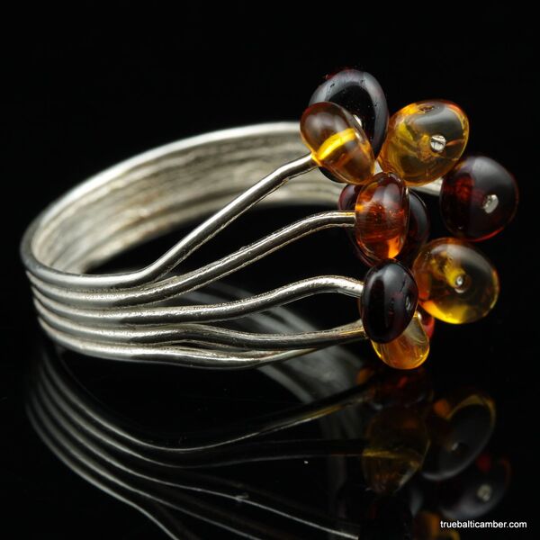 Delicate Beaded Baltic Amber silver ring