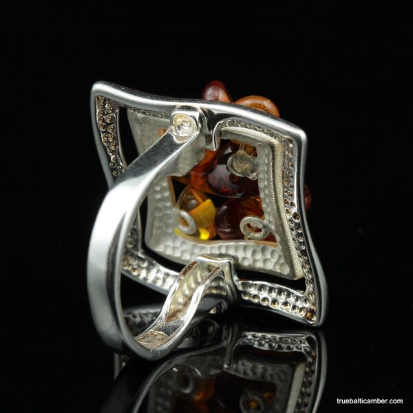 Modern beaded Baltic Amber silver ring