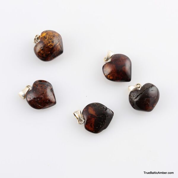 5 Ruby HEART Baltic amber pendants