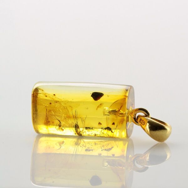 Cylinder shape Baltic amber Gold plated pendant w insects