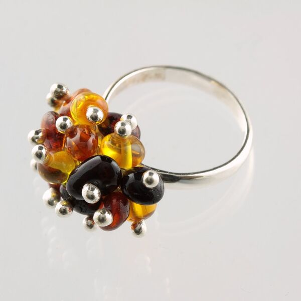 Grape bunch Baltic amber sterling silver ring
