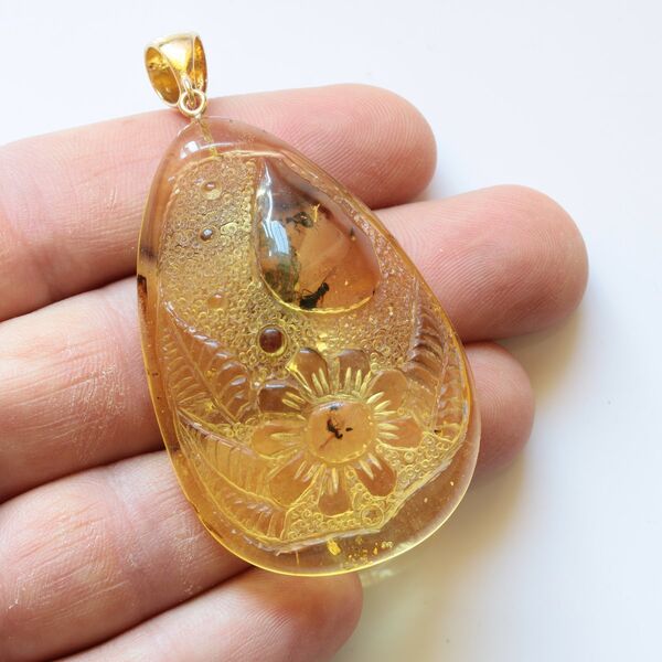 Swarm Insects in Carved Amulet Baltic amber fossil pendant