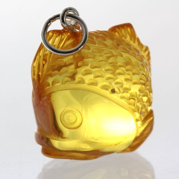 Honey Baltic Amber figurine FISH Pendant Silver Charm