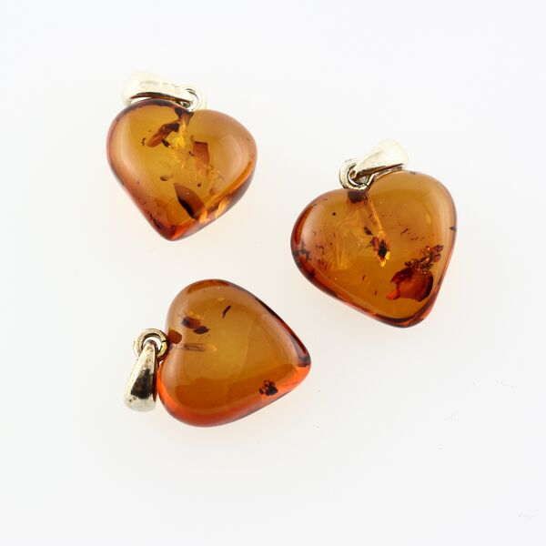 3 Baltic Amber Hearts Silver Pendants