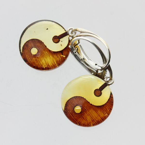 Carved Baltic amber Silver Earrings