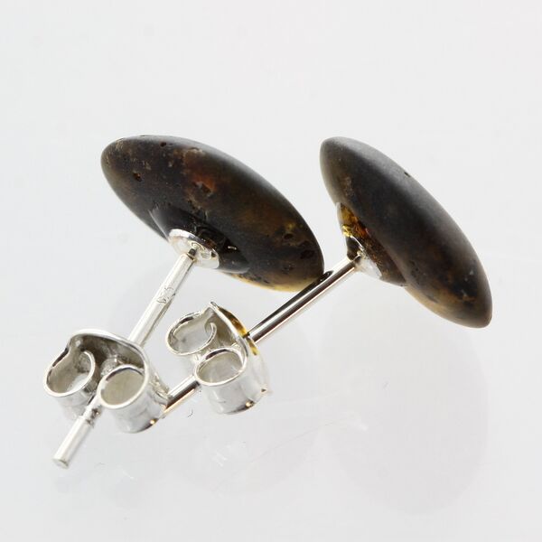 Raw Dark Buttons Baltic amber Silver Stud Earrings