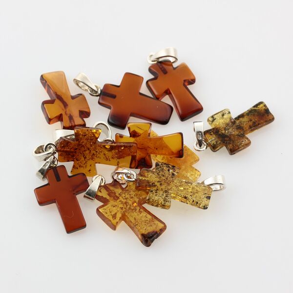 10 Baltic Amber Cross Silver Pendants