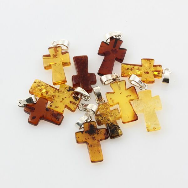 10 Small Baltic Amber Cross Silver Pendants
